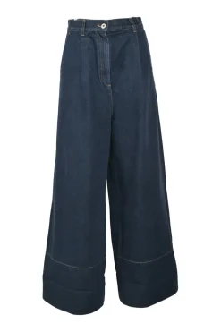 Dark indigo cotton denim pull-on high-rise pleat-front wide-leg jeans
