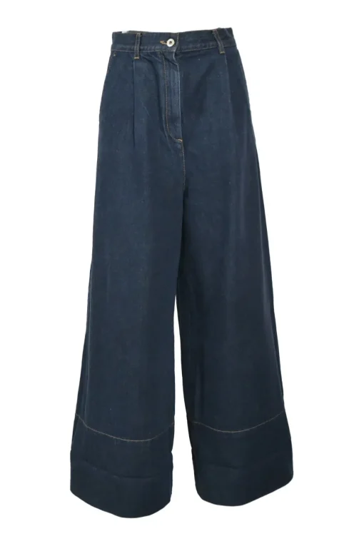 Dark indigo cotton denim pull-on high-rise pleat-front wide-leg jeans
