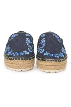 Dark indigo cotton denim and raffia flatform slip-on espadrilles featuring floral broderie motif