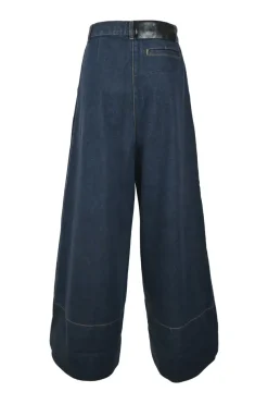 Dark indigo cotton denim pull-on high-rise pleat-front wide-leg jeans