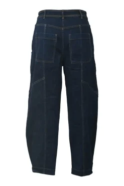 Dark indigo cotton denim pull-on high-rise bow leg jeans with exposed button fly fastening