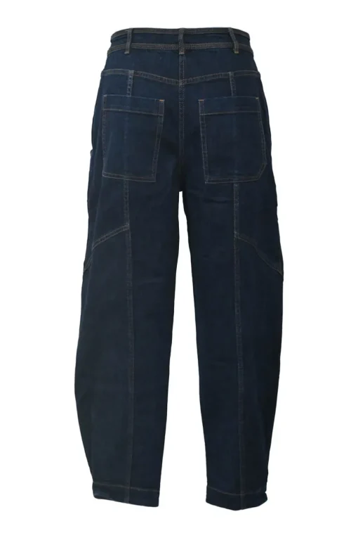 Dark indigo cotton denim pull-on high-rise bow leg jeans with exposed button fly fastening