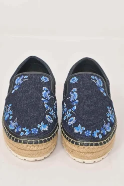 Dark indigo cotton denim and raffia flatform slip-on espadrilles featuring floral broderie motif