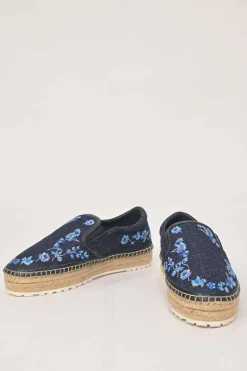 Dark indigo cotton denim and raffia flatform slip-on espadrilles featuring floral broderie motif