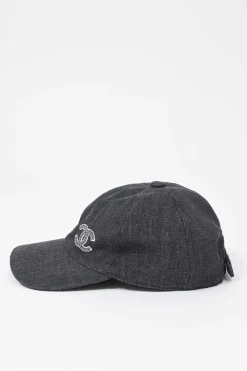 Dark indigo cotton denim snap baseball cap featuring embroidered Coco Mark motif