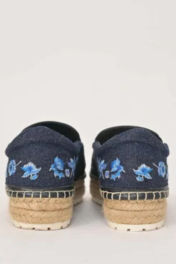 Dark indigo cotton denim and raffia flatform slip-on espadrilles featuring floral broderie motif