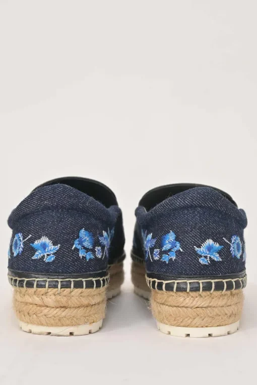 Dark indigo cotton denim and raffia flatform slip-on espadrilles featuring floral broderie motif