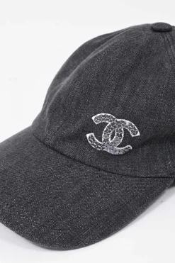 Dark indigo cotton denim snap baseball cap featuring embroidered Coco Mark motif