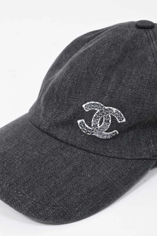 Dark indigo cotton denim snap baseball cap featuring embroidered Coco Mark motif