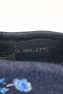 Dark indigo cotton denim and raffia flatform slip-on espadrilles featuring floral broderie motif