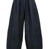 Dark indigo cotton-blend denim tuck pleat balloon leg jeans with drawstring waist