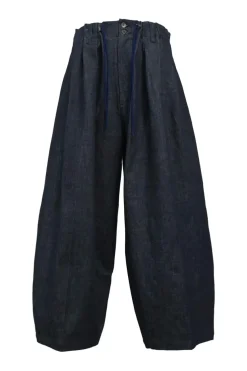 Dark indigo cotton-blend denim tuck pleat balloon leg jeans with drawstring waist