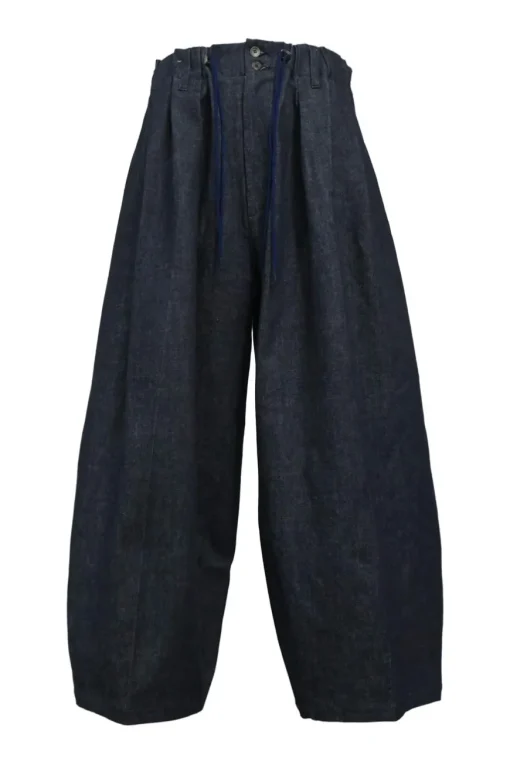 Dark indigo cotton-blend denim tuck pleat balloon leg jeans with drawstring waist
