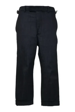 Dark indigo cotton-blend denim pull-on straight-leg pants with Martingale, waist adjusters and extended tab closure