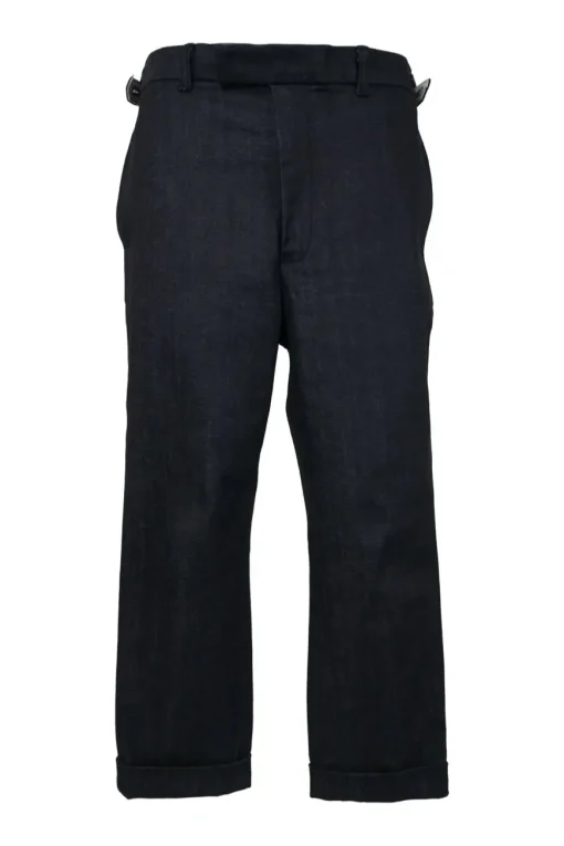 Dark indigo cotton-blend denim pull-on straight-leg pants with Martingale, waist adjusters and extended tab closure