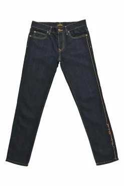 Dark indigo cotton-blend denim pull-on low-rise skinny Billy jeans with logo broderie motif along side seam