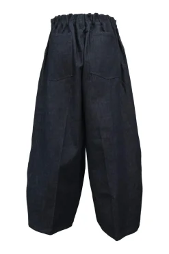 Dark indigo cotton-blend denim tuck pleat balloon leg jeans with drawstring waist