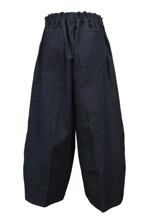 Dark indigo cotton-blend denim tuck pleat balloon leg jeans with drawstring waist