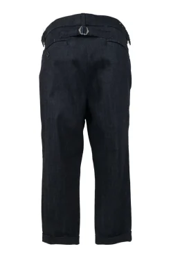 Dark indigo cotton-blend denim pull-on straight-leg pants with Martingale, waist adjusters and extended tab closure