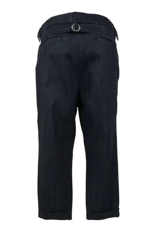 Dark indigo cotton-blend denim pull-on straight-leg pants with Martingale, waist adjusters and extended tab closure