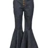 Dark indigo cotton-blend high-rise bell-bottom jeans with exposed button fly