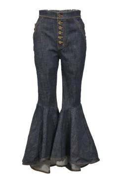 Dark indigo cotton-blend high-rise bell-bottom jeans with exposed button fly