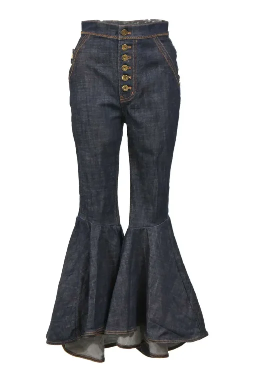 Dark indigo cotton-blend high-rise bell-bottom jeans with exposed button fly