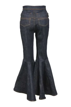 Dark indigo cotton-blend high-rise bell-bottom jeans with exposed button fly