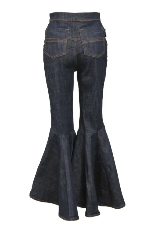 Dark indigo cotton-blend high-rise bell-bottom jeans with exposed button fly