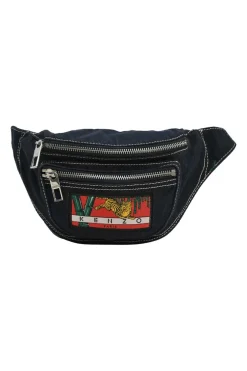Dark indigo denim belt bag with novelty logo patch appliqué