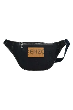Dark indigo denim belt bag with novelty logo patch appliqué