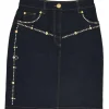 Dark indigo embellished cotton-blend denim Medusa rivet and shank button pencil skirt