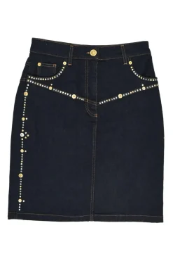 Dark indigo embellished cotton-blend denim Medusa rivet and shank button pencil skirt