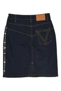 Dark indigo embellished cotton-blend denim Medusa rivet and shank button pencil skirt