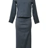 Dark indigo wool-blend wrap-front stand collar tailored jacket, blouse and slip skirt set