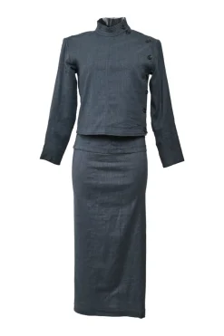 Dark indigo wool-blend wrap-front stand collar tailored jacket, blouse and slip skirt set