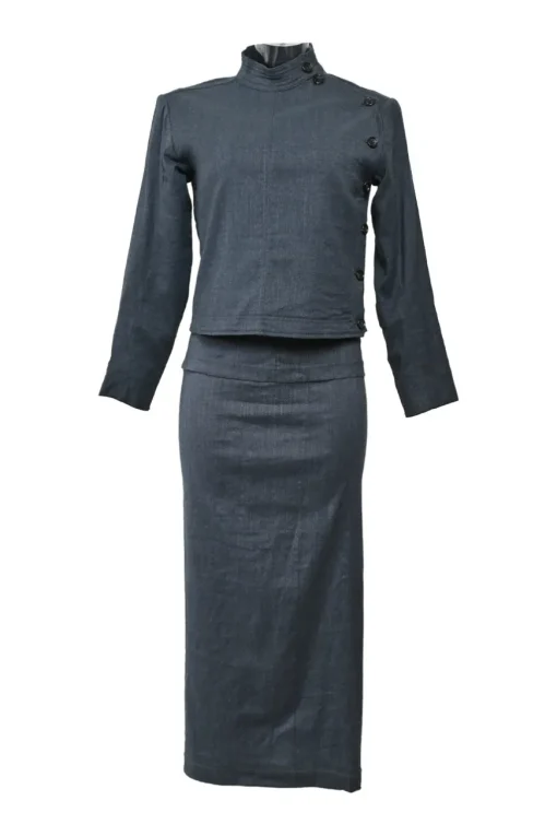 Dark indigo wool-blend wrap-front stand collar tailored jacket, blouse and slip skirt set
