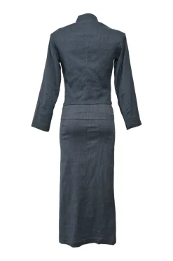Dark indigo wool-blend wrap-front stand collar tailored jacket, blouse and slip skirt set