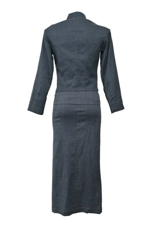 Dark indigo wool-blend wrap-front stand collar tailored jacket, blouse and slip skirt set
