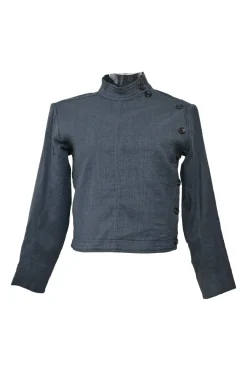 Dark indigo wool-blend wrap-front stand collar tailored jacket, blouse and slip skirt set