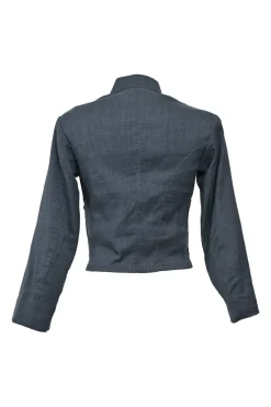 Dark indigo wool-blend wrap-front stand collar tailored jacket, blouse and slip skirt set