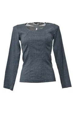 Dark indigo wool-blend wrap-front stand collar tailored jacket, blouse and slip skirt set