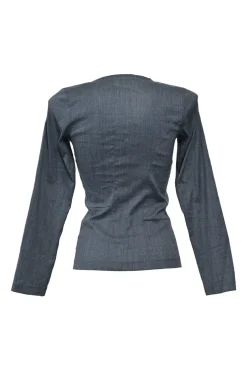 Dark indigo wool-blend wrap-front stand collar tailored jacket, blouse and slip skirt set