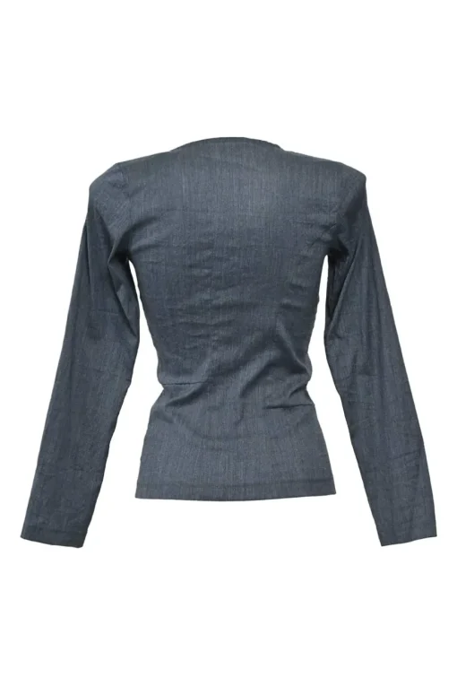 Dark indigo wool-blend wrap-front stand collar tailored jacket, blouse and slip skirt set