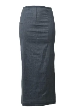 Dark indigo wool-blend wrap-front stand collar tailored jacket, blouse and slip skirt set