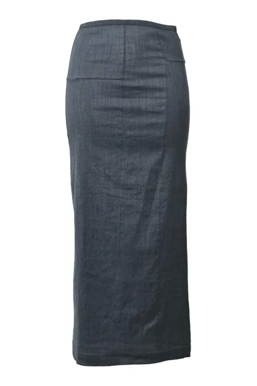 Dark indigo wool-blend wrap-front stand collar tailored jacket, blouse and slip skirt set