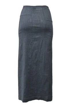 Dark indigo wool-blend wrap-front stand collar tailored jacket, blouse and slip skirt set