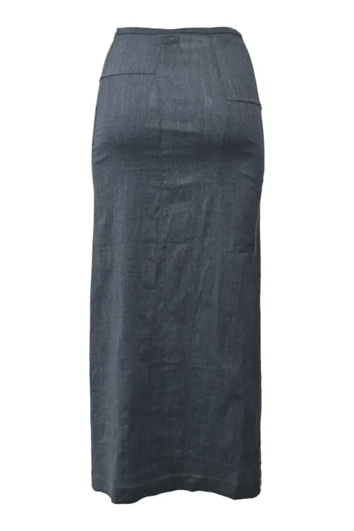 Dark indigo wool-blend wrap-front stand collar tailored jacket, blouse and slip skirt set