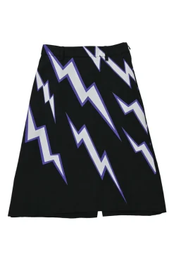 Dark navy and purple A-line knee-length slit skirt featuring graphic lightning bolt motif
