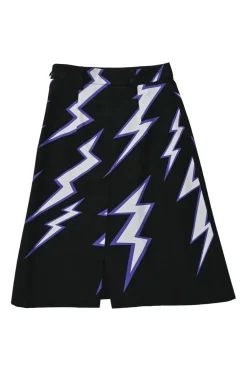 Dark navy and purple A-line knee-length slit skirt featuring graphic lightning bolt motif